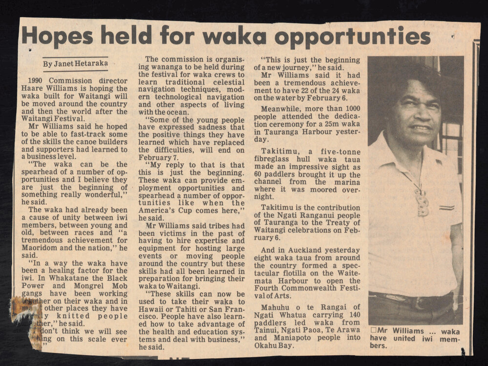 'Hopes held for waka opportunities' Newspaper article