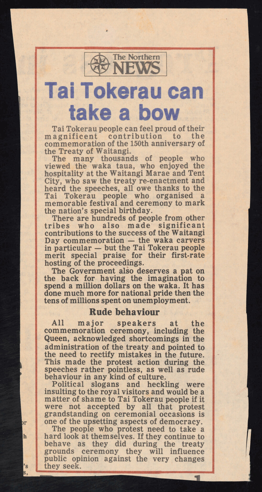 Newspaper article post Waitangi Day and Queens arrival