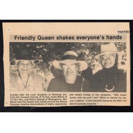 'Friendly Queen shakes everyone's hands' Newspaper article